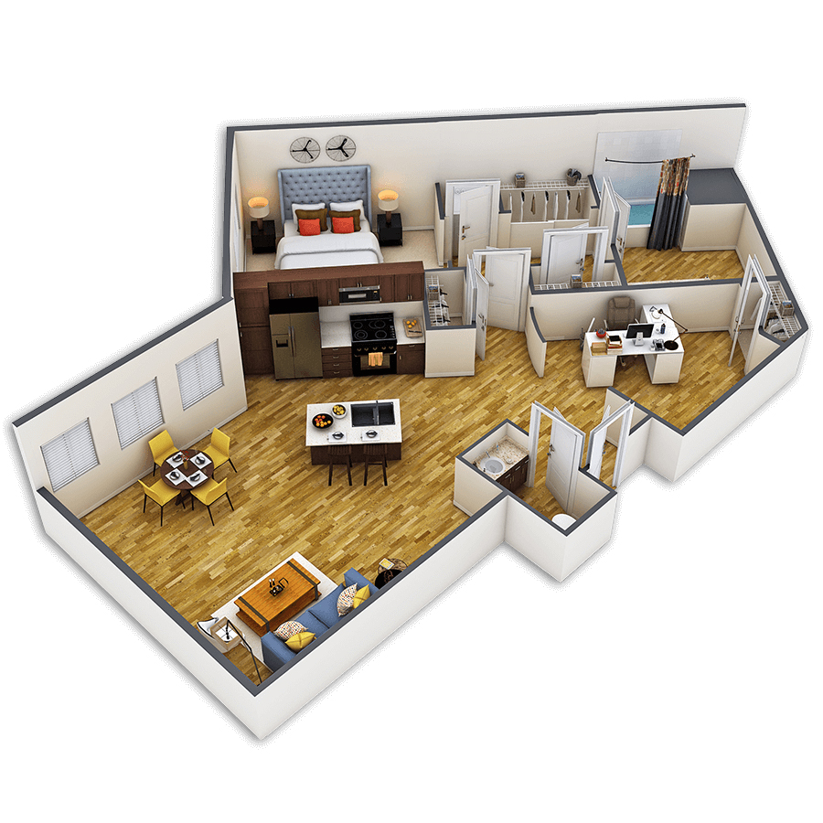 Rendering of the California floor plan with 1 bedroom[s] and 1.5 bathroom[s] at Griffis Union Station