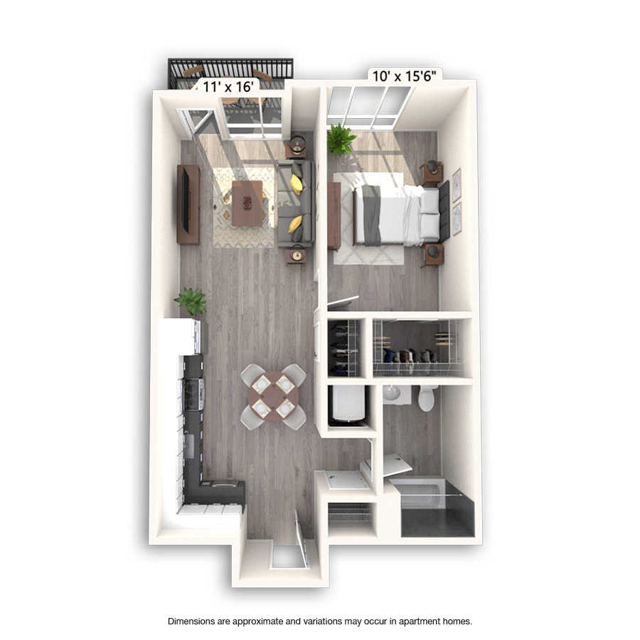 Rendering of the New Jersey floor plan with 1 bedroom[s] and 1 bathroom[s] at Griffis East Village