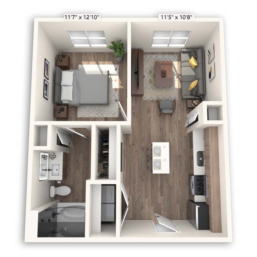 Rendering of the Los Angeles Platinum floor plan with 1 bedroom[s] and 1 bathroom[s] at Griffis at The Domain