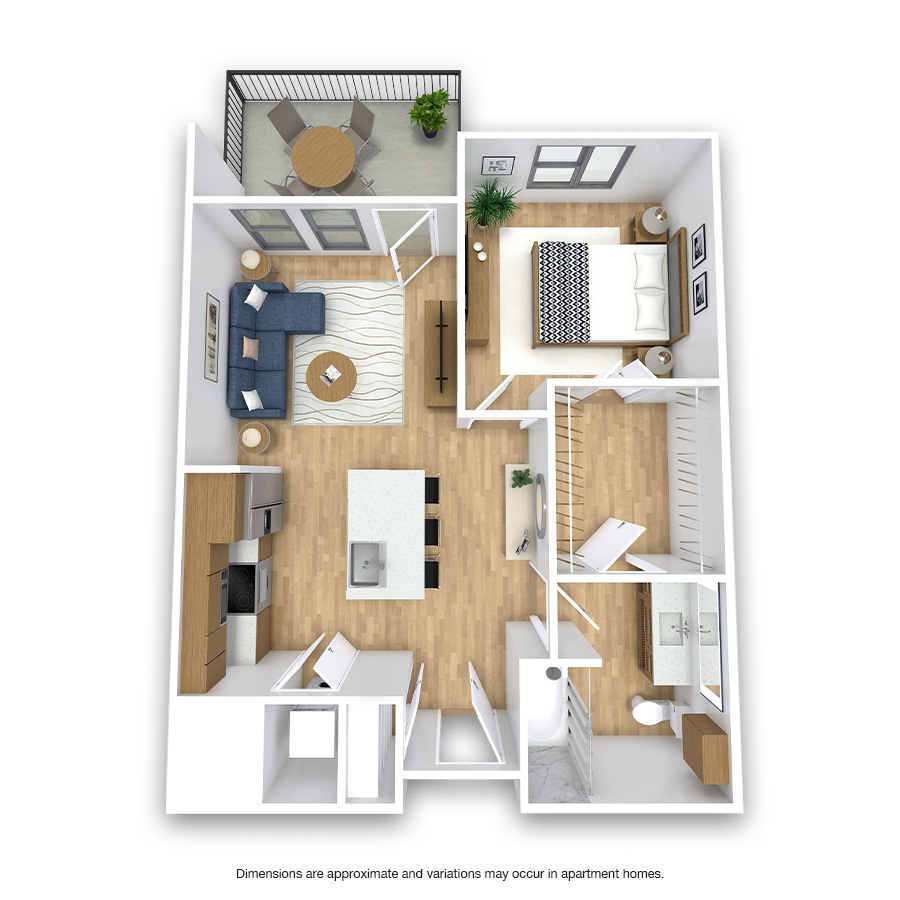 Rendering of the Fiddlers Green Platinum floor plan with 1 bedroom[s] and 1 bathroom[s] at Griffis at Fiddler's Green