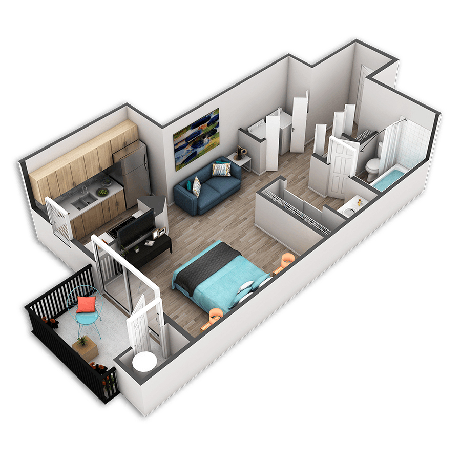 Rendering of the Clay floor plan with a Studio bedroom and 1 bathroom[s] at Griffis Belltown