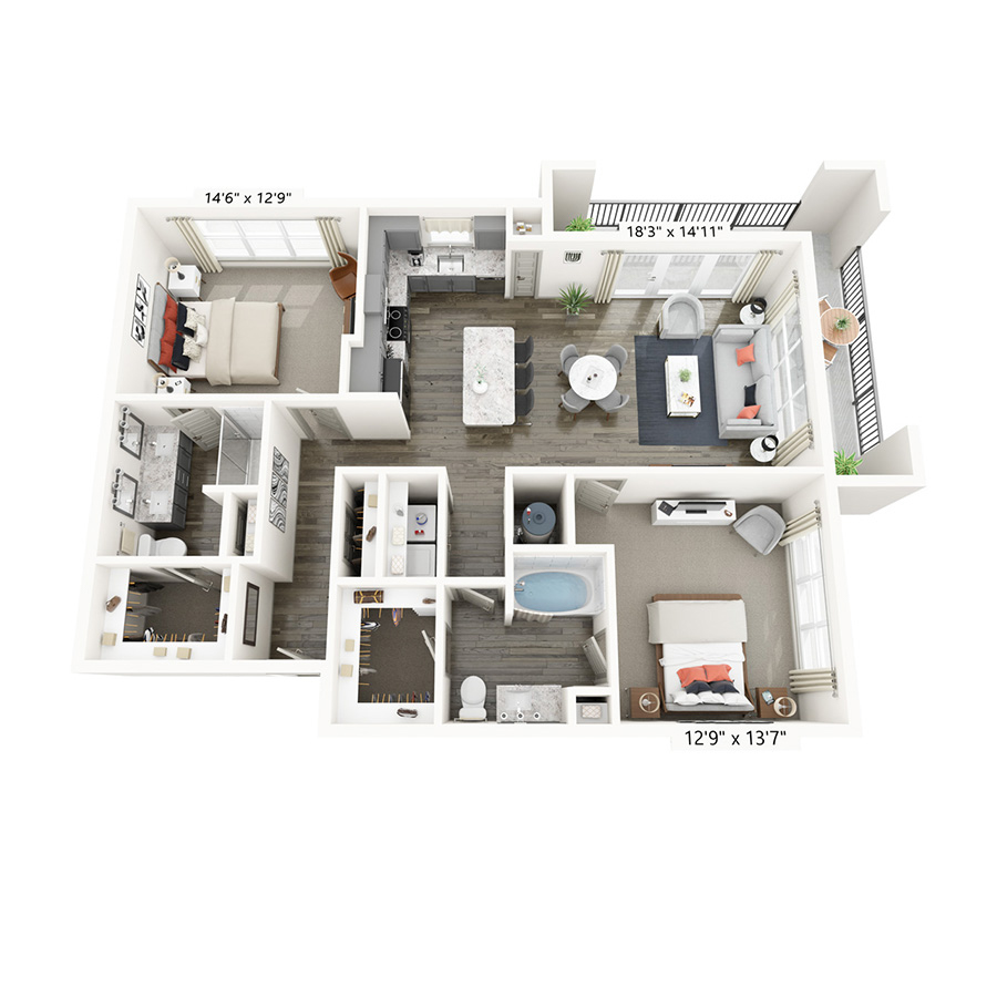 Rendering of the Rolater floor plan with 2 bedroom[s] and 2 bathroom[s] at Griffis Frisco