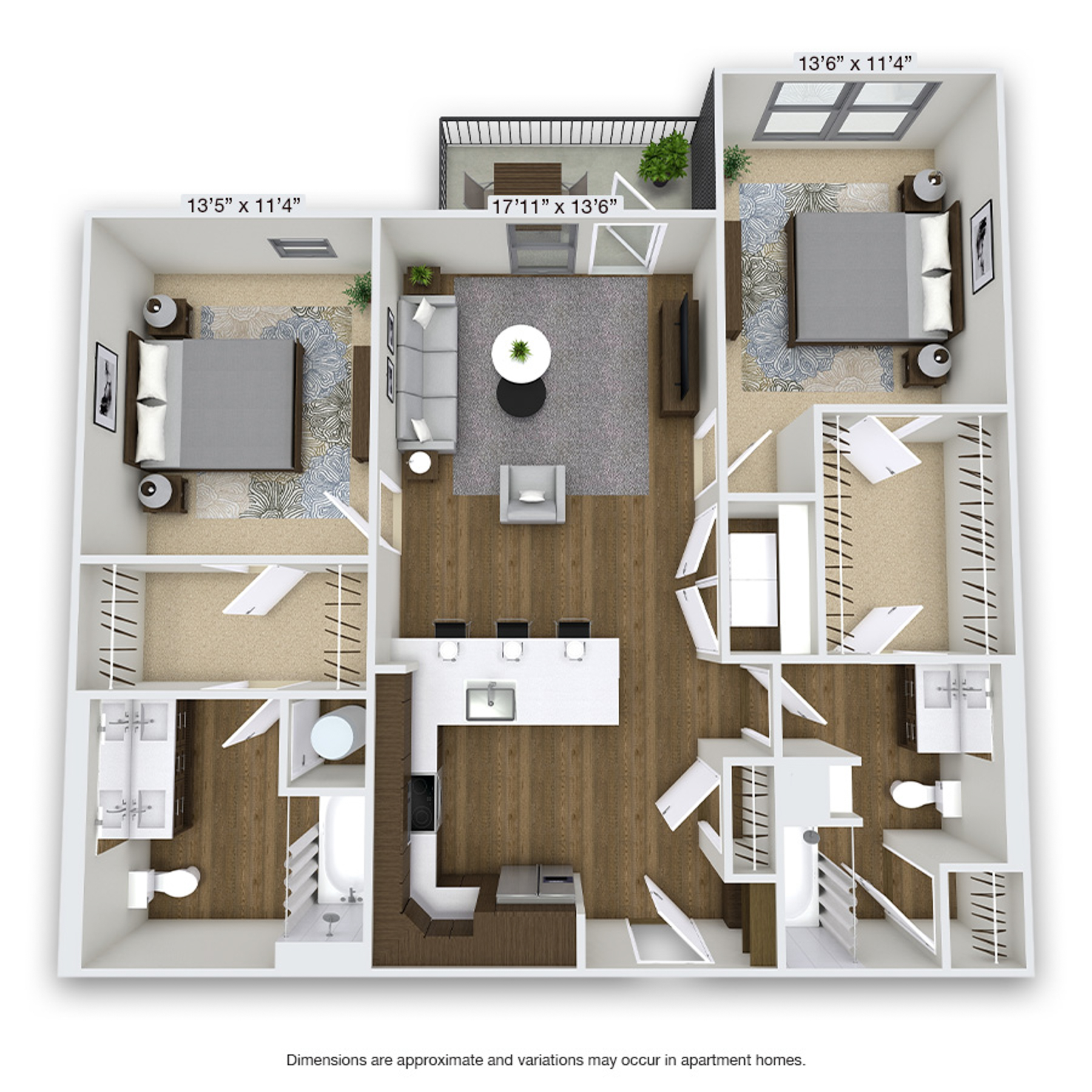 Rendering of the Milwaukee floor plan with 2 bedroom[s] and 2 bathroom[s] at Griffis Cherry Creek North