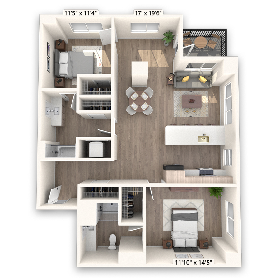 Rendering of the Shavano floor plan with 2 bedroom[s] and 2 bathroom[s] at Griffis LoDo