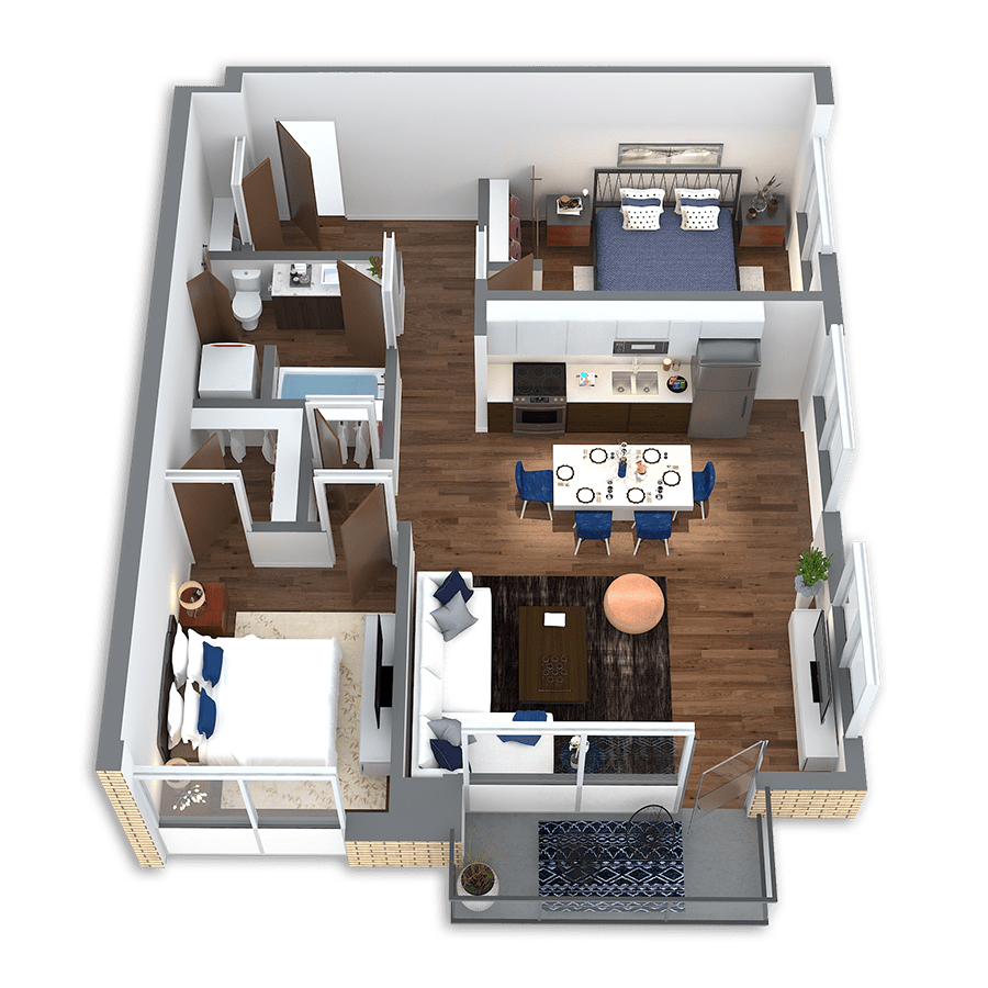 Rendering of the Marys floor plan with 2 bedroom[s] and 1 bathroom[s] at Griffis South Waterfront