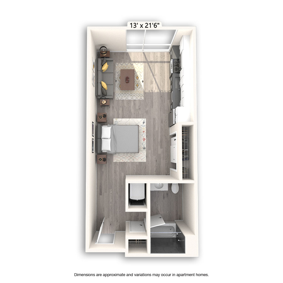 Rendering of the Harmon floor plan with a Studio bedroom and 1 bathroom[s] at Griffis East Village
