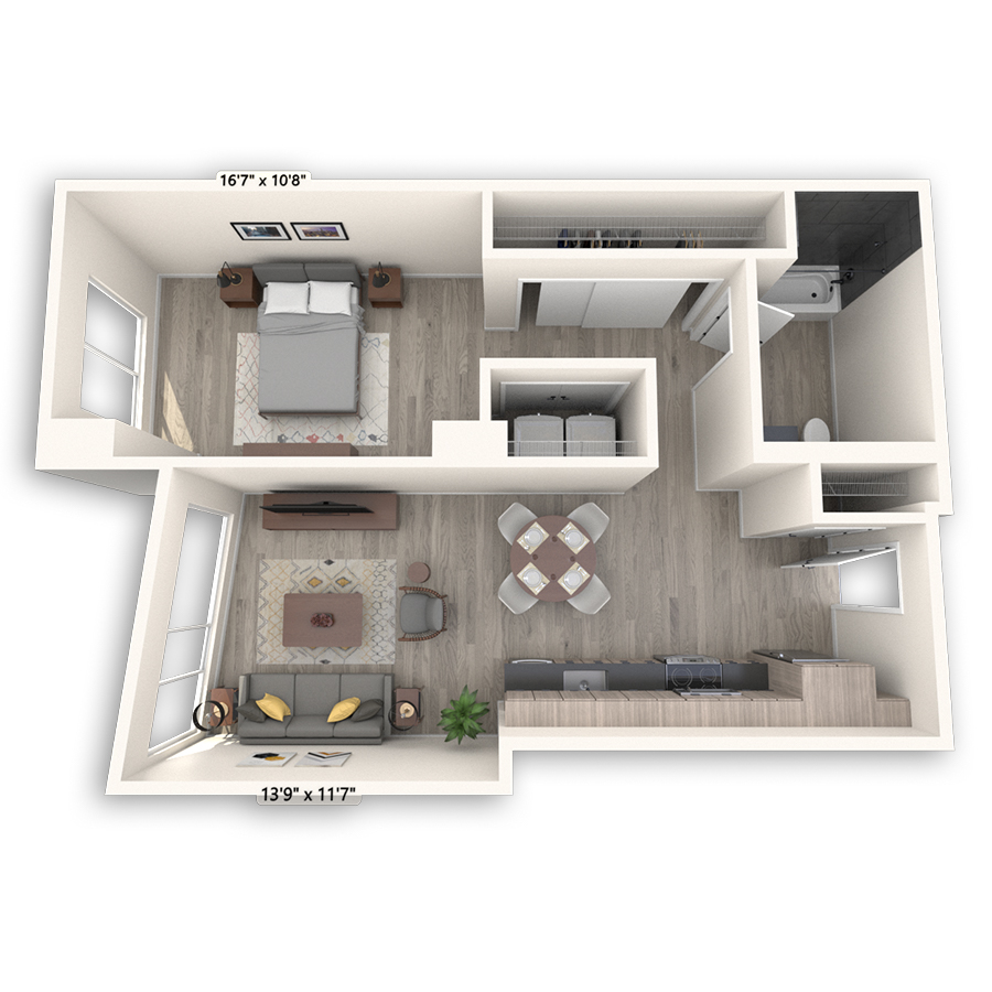 Rendering of the Union floor plan with 1 bedroom[s] and 1 bathroom[s] at Griffis Seattle Waterfront