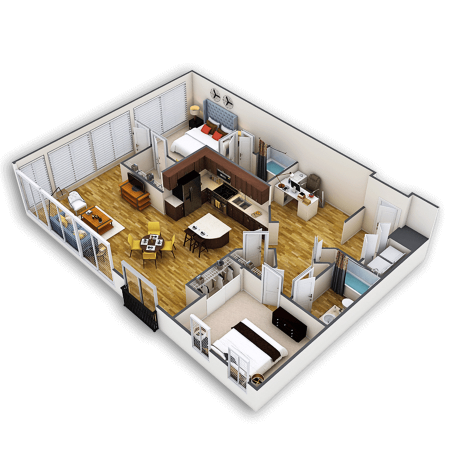 Rendering of the Park Avenue floor plan with 2 bedroom[s] and 2 bathroom[s] at Griffis Union Station