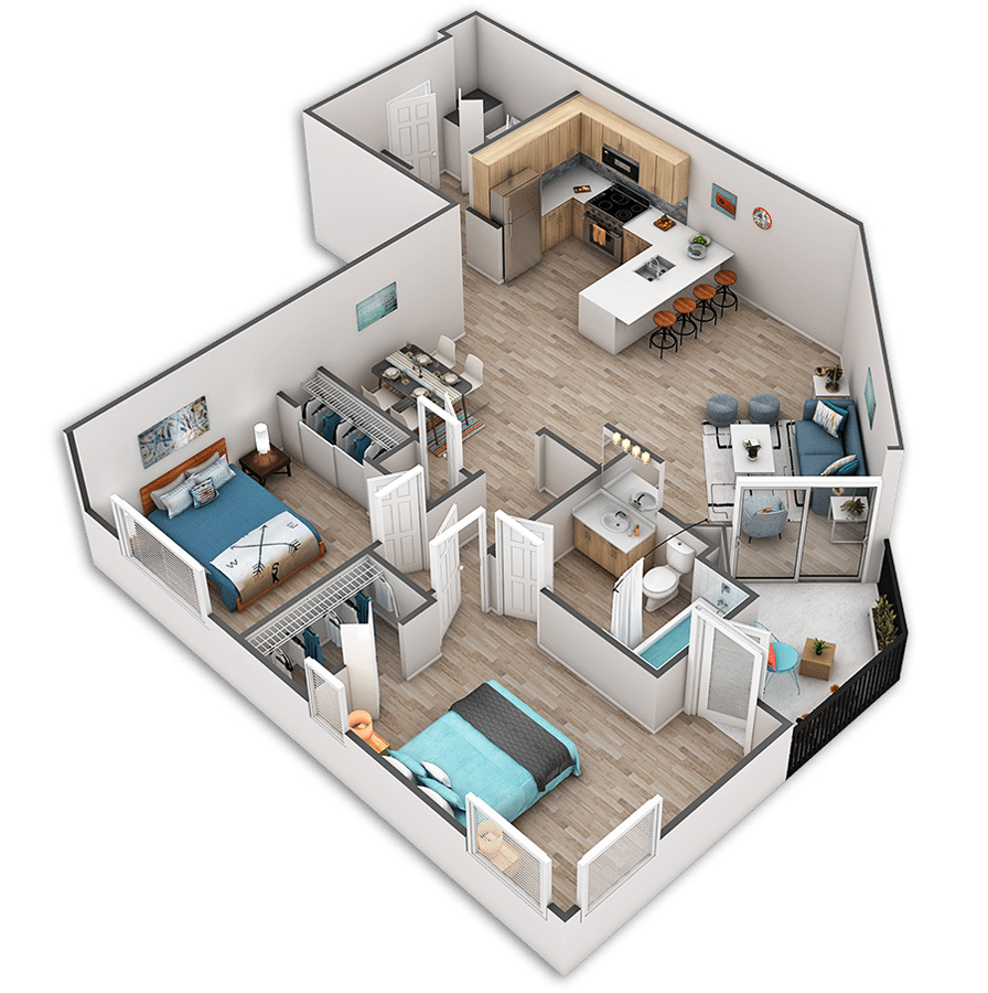 Rendering of the Cedar floor plan with 2 bedroom[s] and 1 bathroom[s] at Griffis Belltown