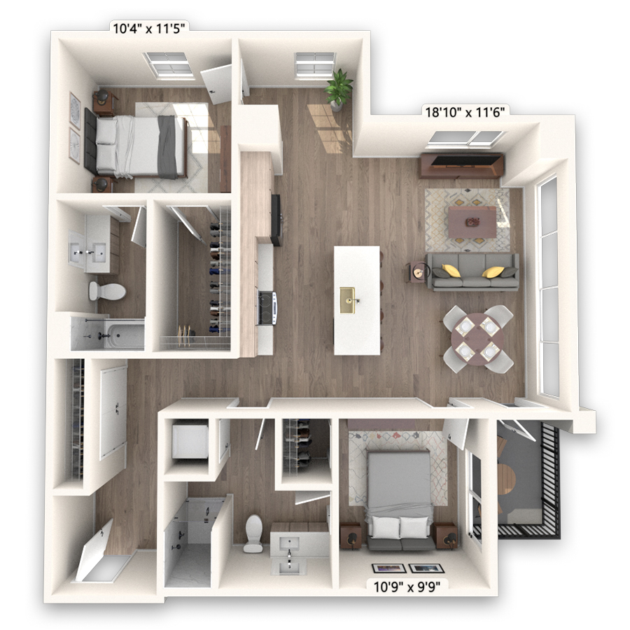 Rendering of the Quandry floor plan with 2 bedroom[s] and 2 bathroom[s] at Griffis LoDo