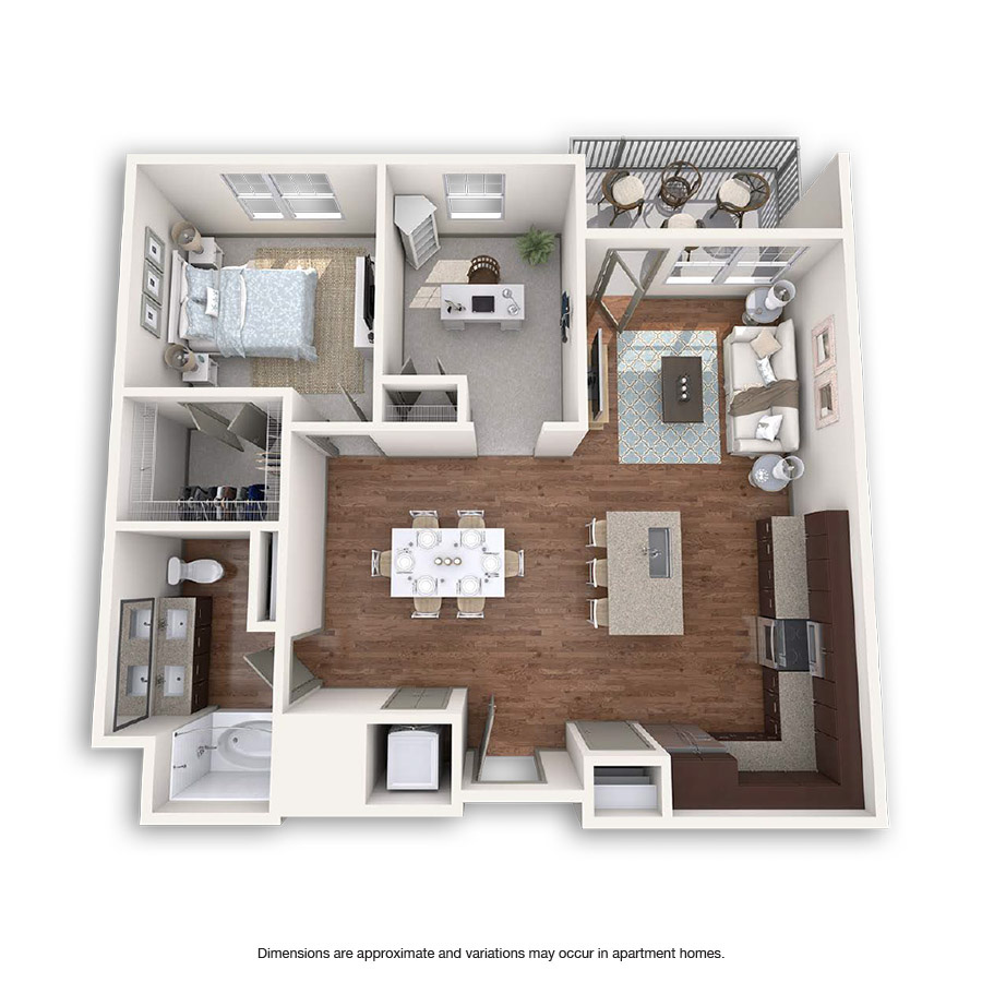 Rendering of the Mission floor plan with 1 bedroom[s] and 1 bathroom[s] at Griffis at Fiddler's Green