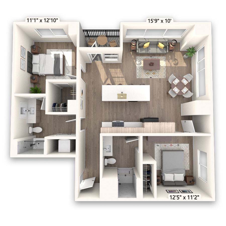 Rendering of the Princeton floor plan with 2 bedroom[s] and 2 bathroom[s] at Griffis LoDo
