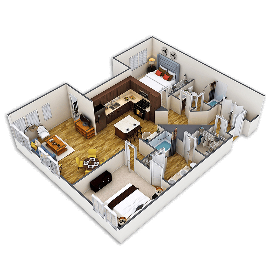 Rendering of the Tremont floor plan with 2 bedroom[s] and 2 bathroom[s] at Griffis Union Station