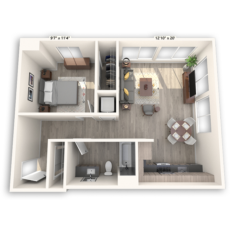 Rendering of the Magnolia floor plan with 1 bedroom[s] and 1 bathroom[s] at Griffis Seattle Waterfront