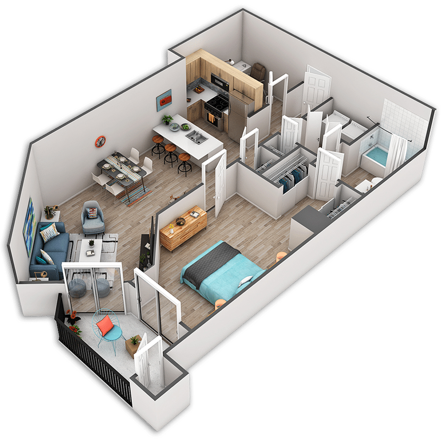 Rendering of the Whidbey floor plan with 1 bedroom[s] and 1 bathroom[s] at Griffis Belltown