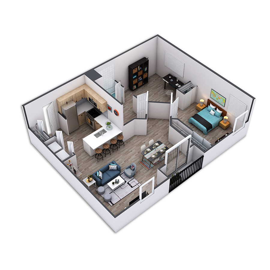 Rendering of the Mercer floor plan with 1 bedroom[s] and 1 bathroom[s] at Griffis Belltown