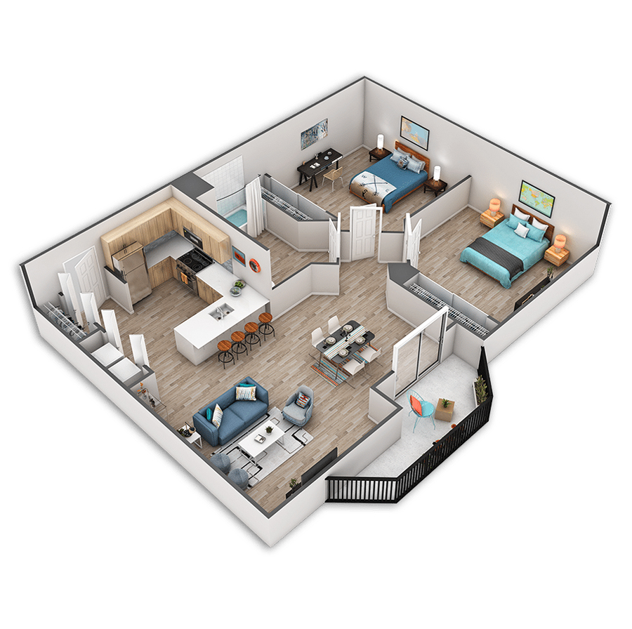 Rendering of the Kingston floor plan with 2 bedroom[s] and 1 bathroom[s] at Griffis Belltown