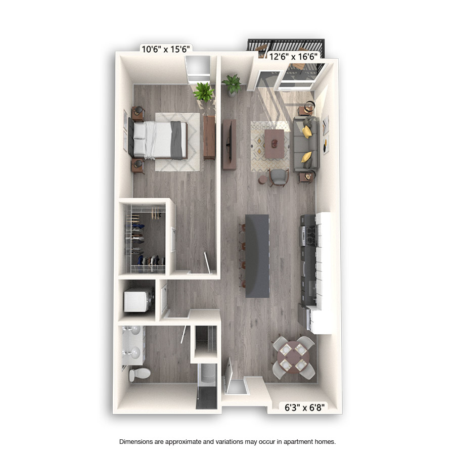 Rendering of the Midway floor plan with 1 bedroom[s] and 1 bathroom[s] at Griffis East Village