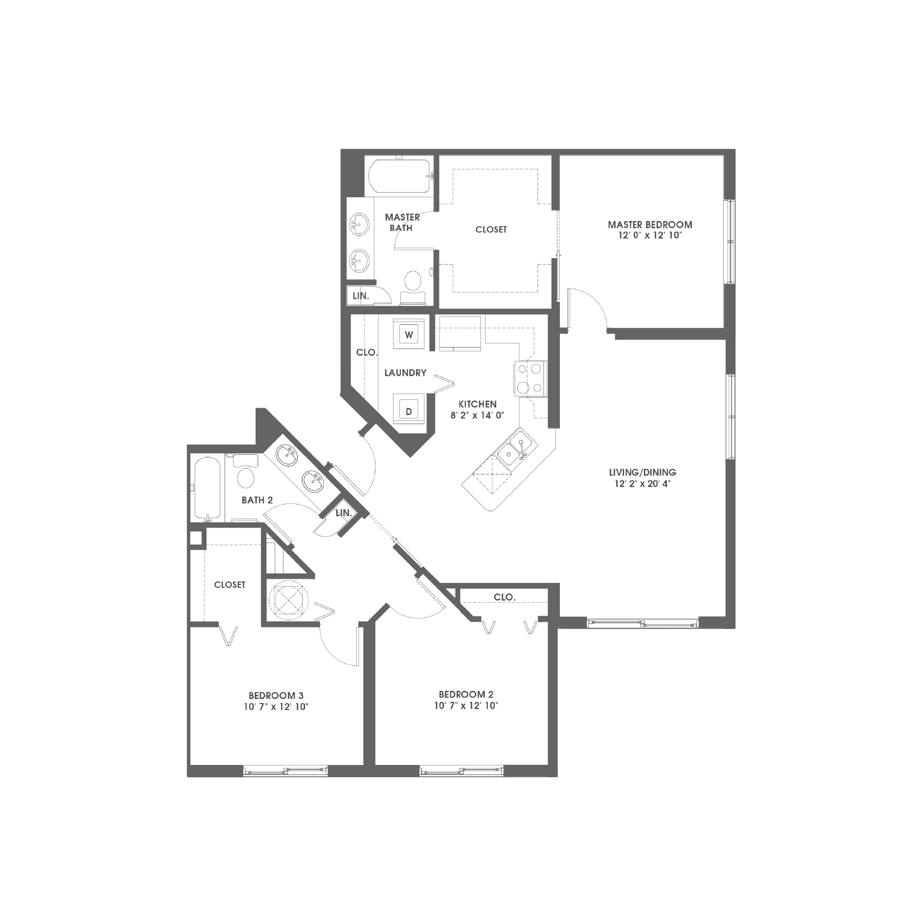 Rendering of the Sunny Isles floor plan with 3 bedroom[s] and 2 bathroom[s] at Griffis Pompano Beach