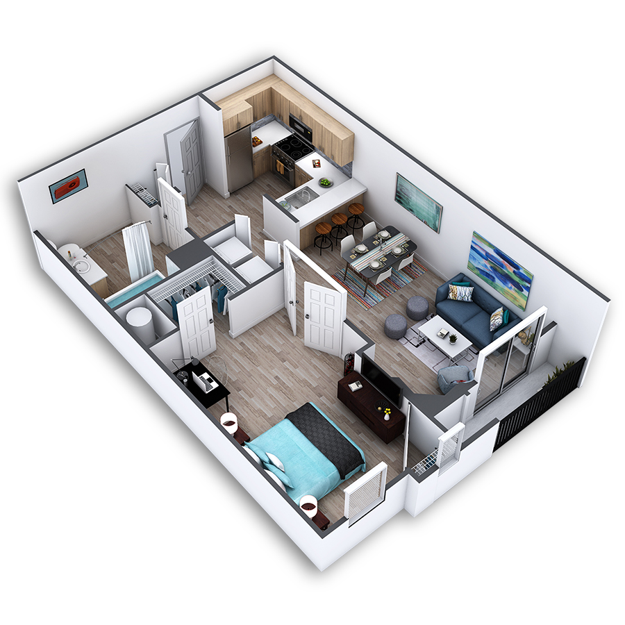 Rendering of the Moore Platinum floor plan with 1 bedroom[s] and 1 bathroom[s] at Griffis Belltown