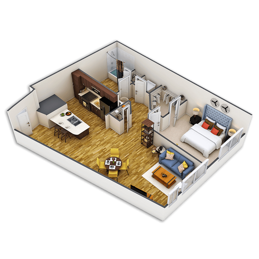 Rendering of the Delgany floor plan with 1 bedroom[s] and 1 bathroom[s] at Griffis Union Station