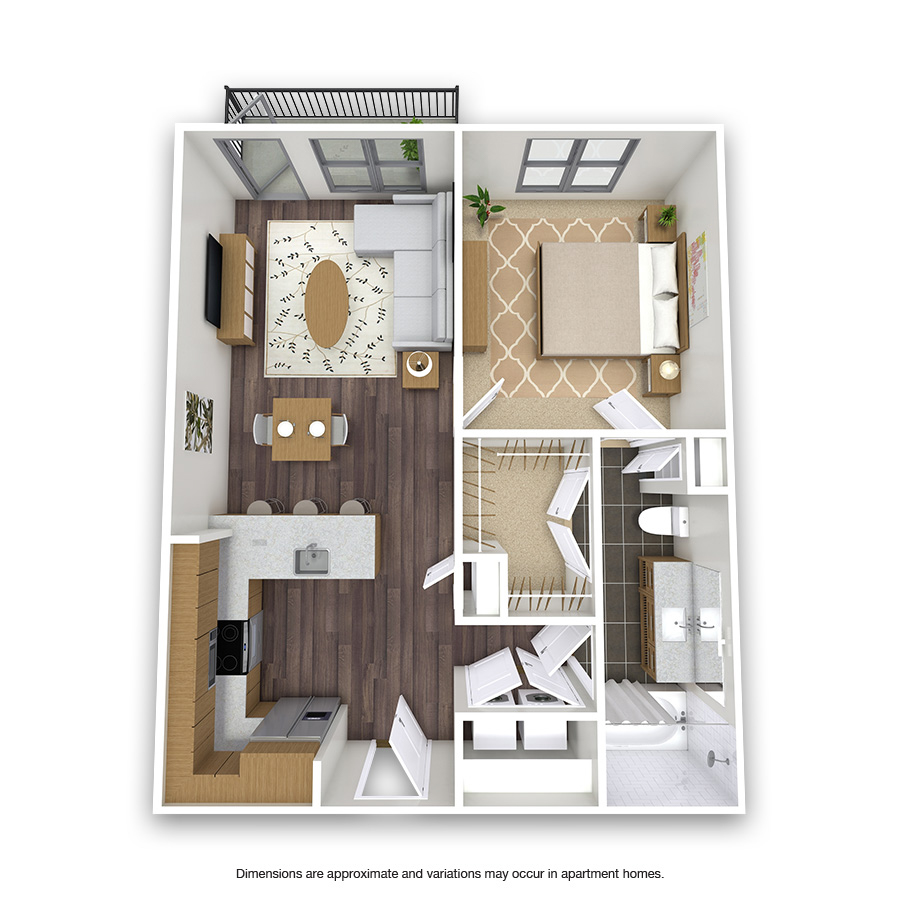 Rendering of the Fairmount floor plan with 1 bedroom[s] and 1 bathroom[s] at Griffis Oak Lawn