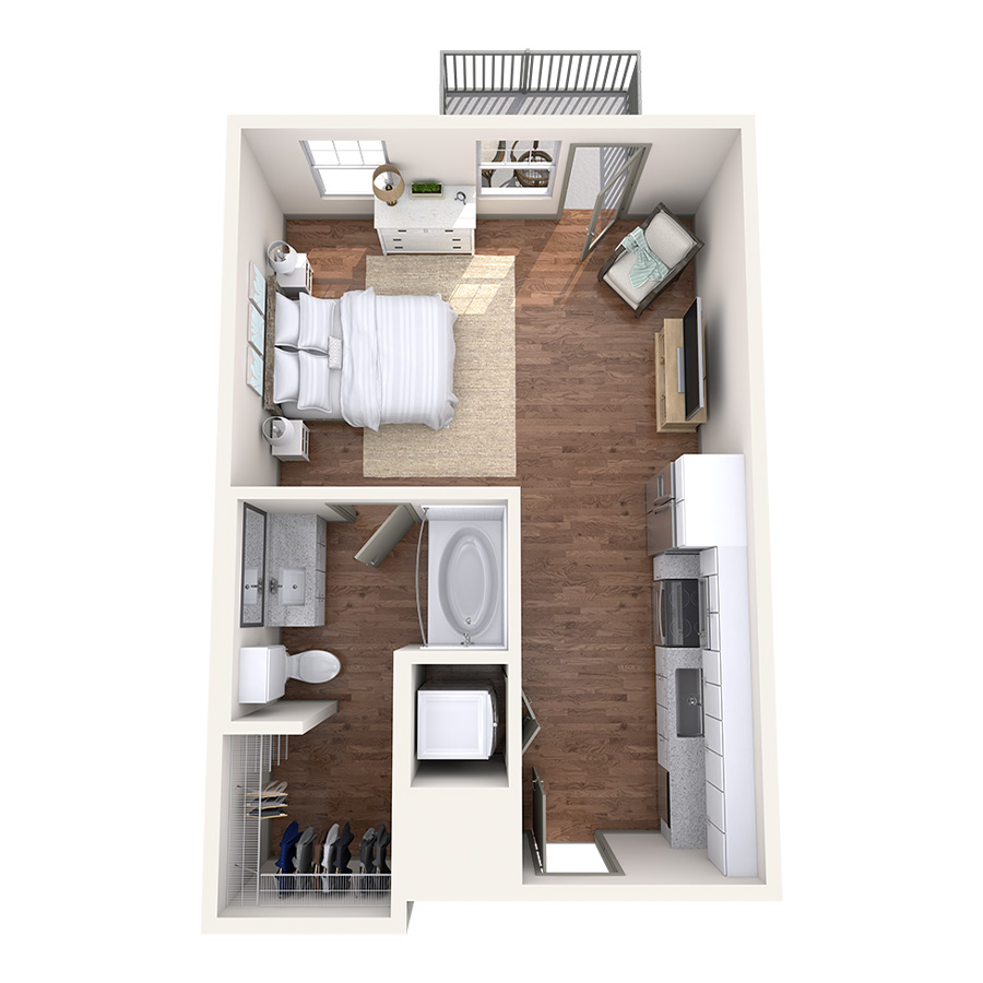 Rendering of the Bluebird floor plan with a Studio bedroom and 1 bathroom[s] at Griffis at Fiddler's Green