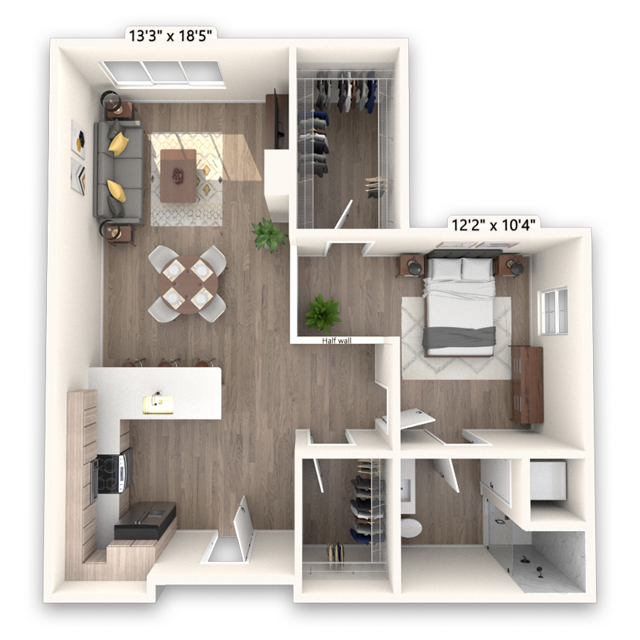 Rendering of the Huron floor plan with 1 bedroom[s] and 1 bathroom[s] at Griffis LoDo
