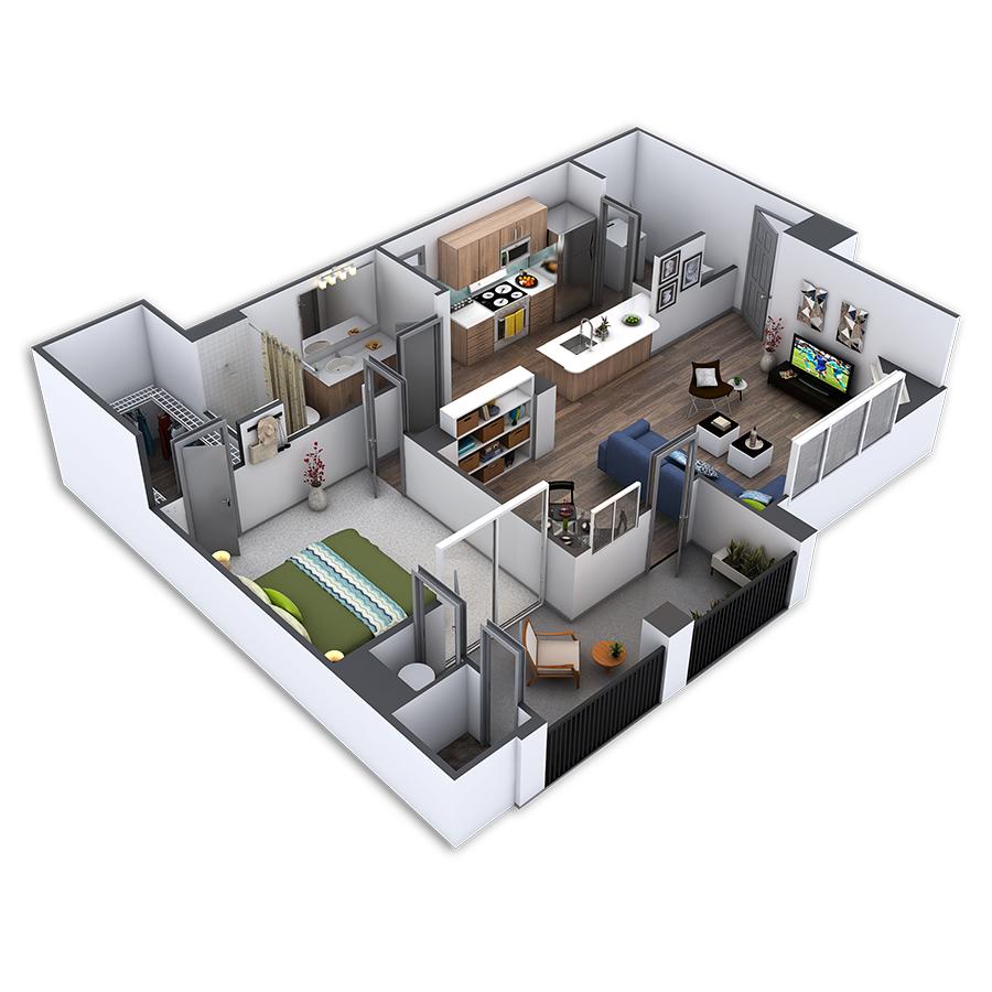 Rendering of the Eurorail Custom floor plan with 1 bedroom[s] and 1 bathroom[s] at Griffis Belleview Station