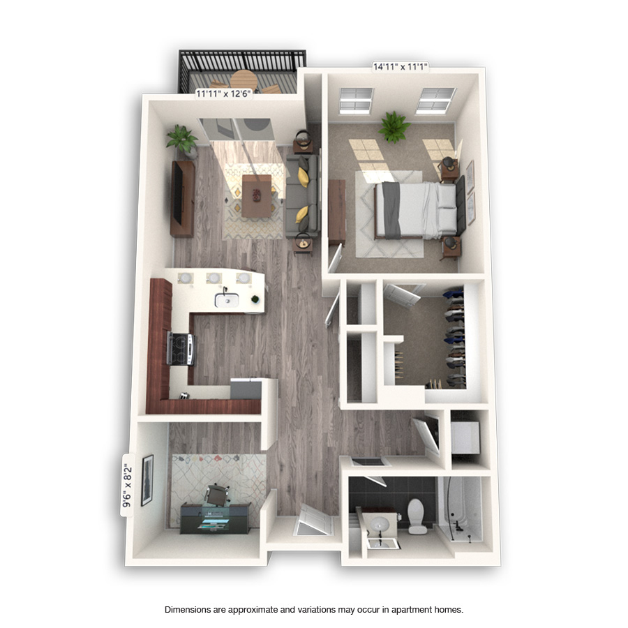 Rendering of the Curtis floor plan with 1 bedroom[s] and 1 bathroom[s] at Griffis Cheesman Park