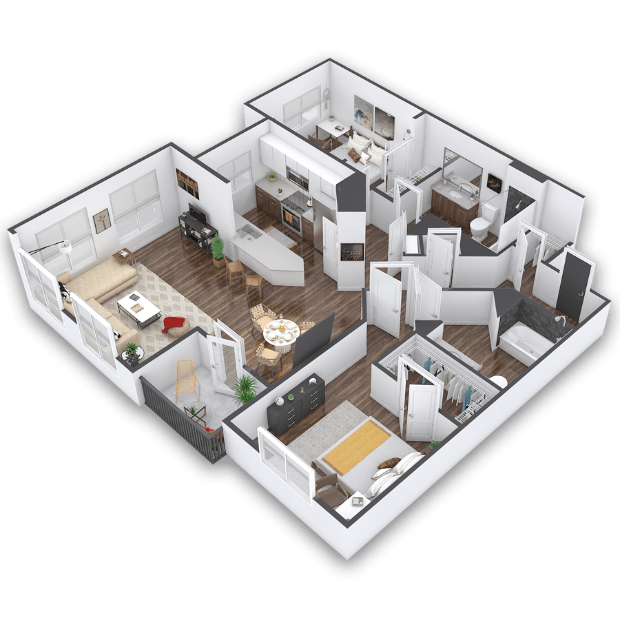 Rendering of the Valverde floor plan with 2 bedroom[s] and 2 bathroom[s] at Griffis Cherry Creek