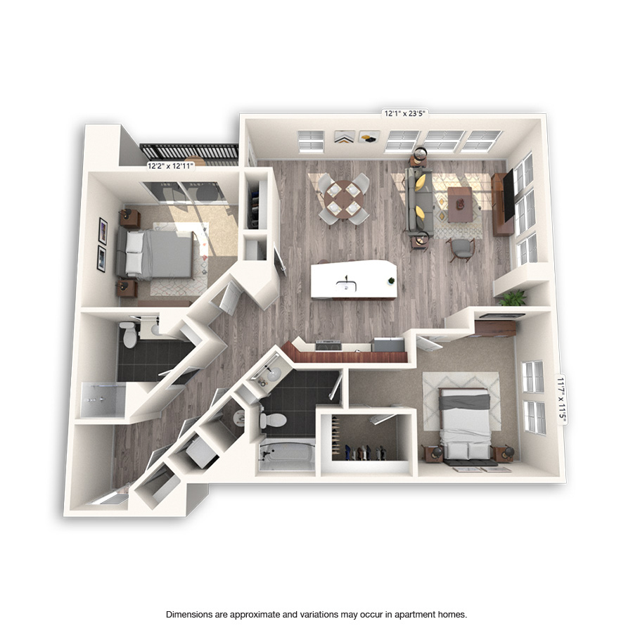 Rendering of the Skyline floor plan with 2 bedroom[s] and 2 bathroom[s] at Griffis Cheesman Park