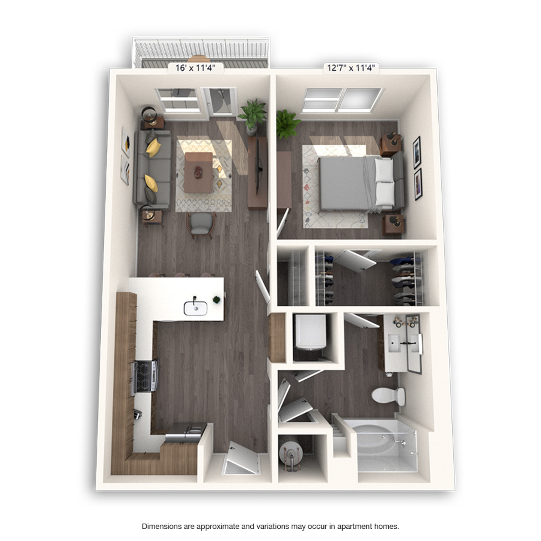 Rendering of the Cherry Platinum floor plan with 1 bedroom[s] and 1 bathroom[s] at Griffis Cherry Creek North