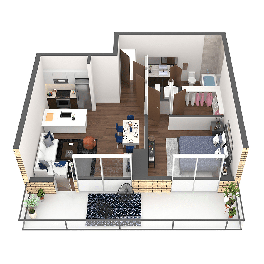 Rendering of the Deschutes floor plan with 1 bedroom[s] and 1 bathroom[s] at Griffis South Waterfront