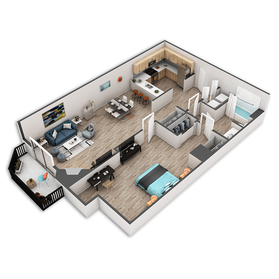 Rendering of the Seattle floor plan with 1 bedroom[s] and 1 bathroom[s] at Griffis Belltown