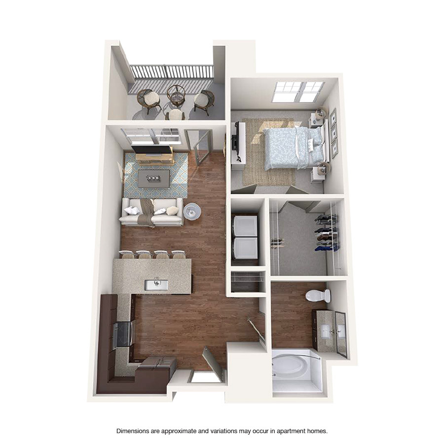 Rendering of the Dazzle floor plan with 1 bedroom[s] and 1 bathroom[s] at Griffis at Fiddler's Green