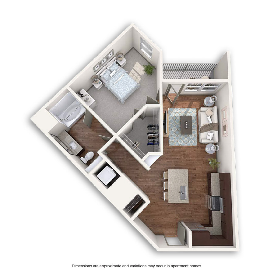 Rendering of the Gothic floor plan with 1 bedroom[s] and 1 bathroom[s] at Griffis at Fiddler's Green