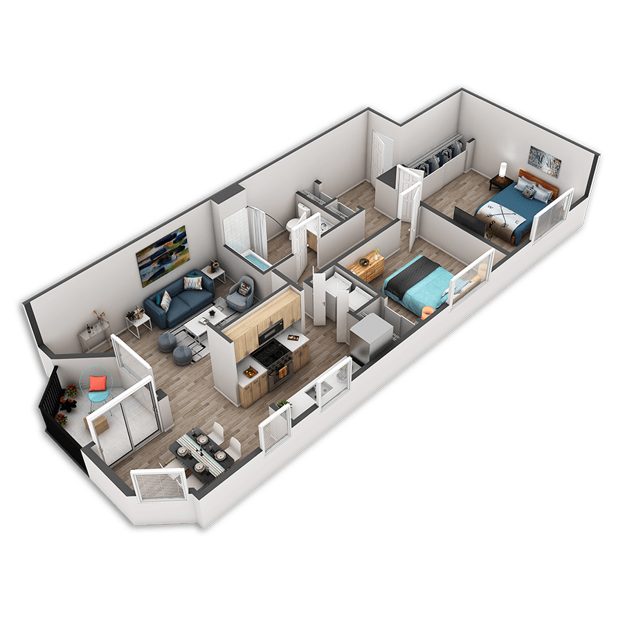 Rendering of the Blanchard Platinum floor plan with 2 bedroom[s] and 1 bathroom[s] at Griffis Belltown