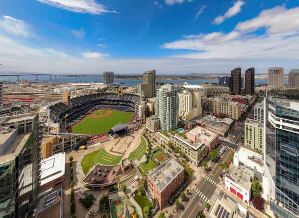 Aerial Drone View of Petco Park in San Diego CA.