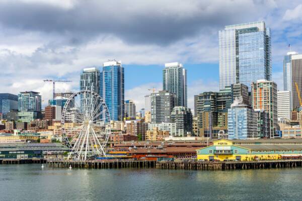Seattle Great Wheel and downtown skyline along the Elliott Bay waterfront