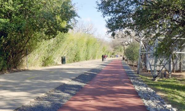 Tree-lined Katy Trail walking and biking path in Uptown Dallas