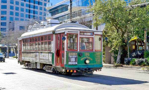 Historic M-Line Trolley streetcar on McKinney Avenue in Uptown Dallas