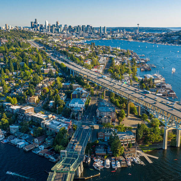 Bridge from Shoreline neighborhood going towards Seattle, WA.