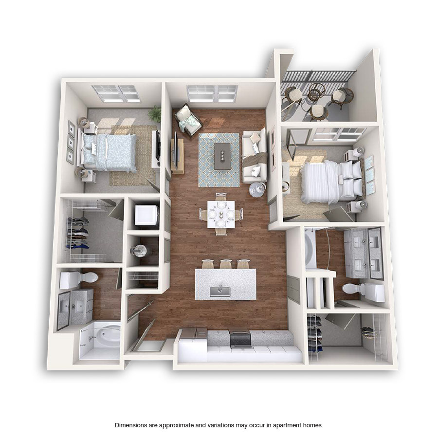 Rendering of the Nocturne Platinum floor plan with 2 bedroom[s] and 2 bathroom[s] at Griffis at Fiddler's Green