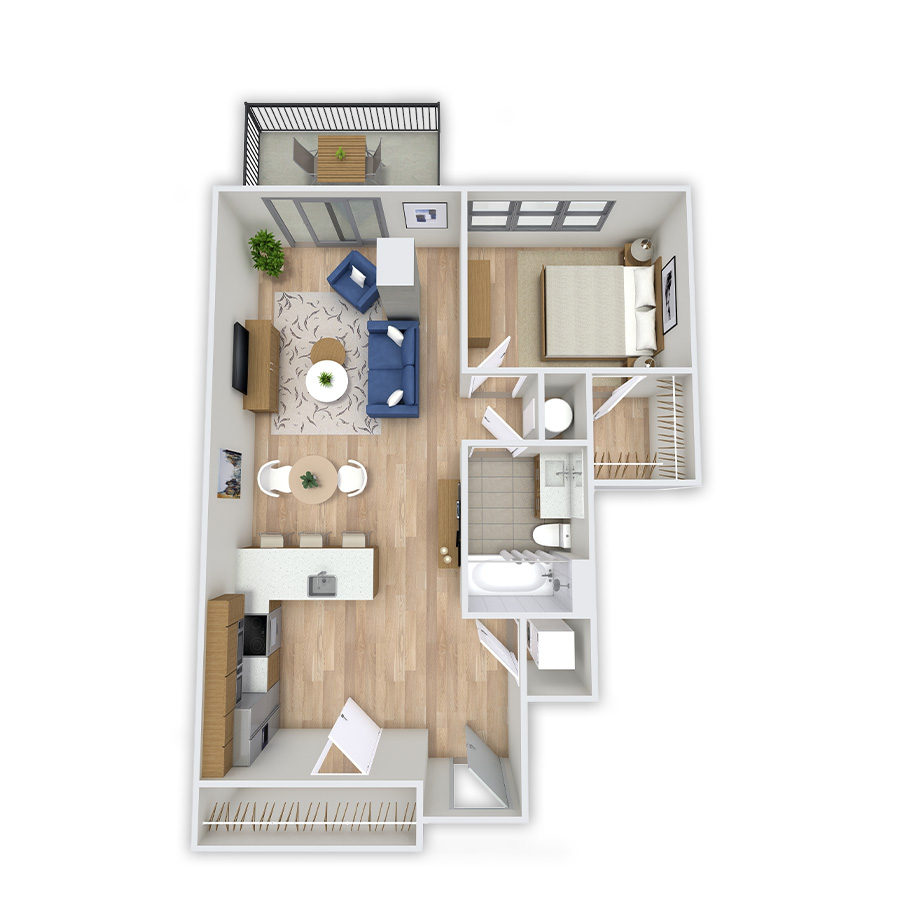 Rendering of the Tarryall floor plan with 1 bedroom[s] and 1 bathroom[s] at Griffis Platform Union Station