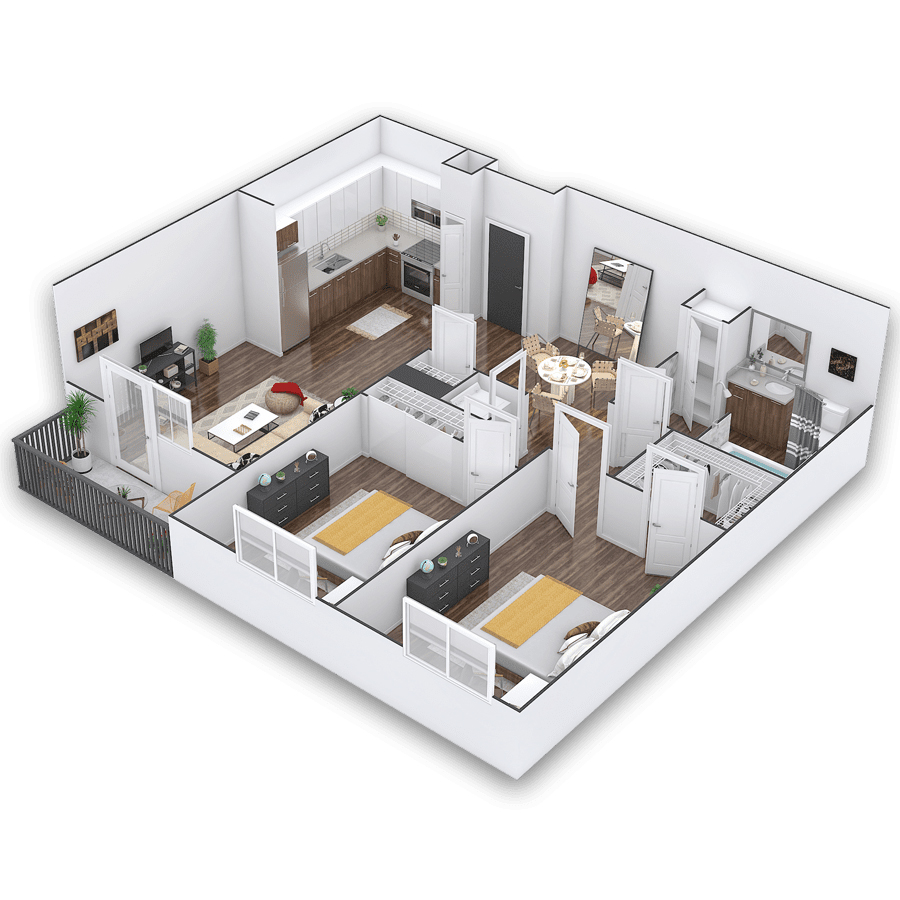 Rendering of the Schleck Platinum floor plan with 2 bedroom[s] and 1 bathroom[s] at Griffis Cherry Creek