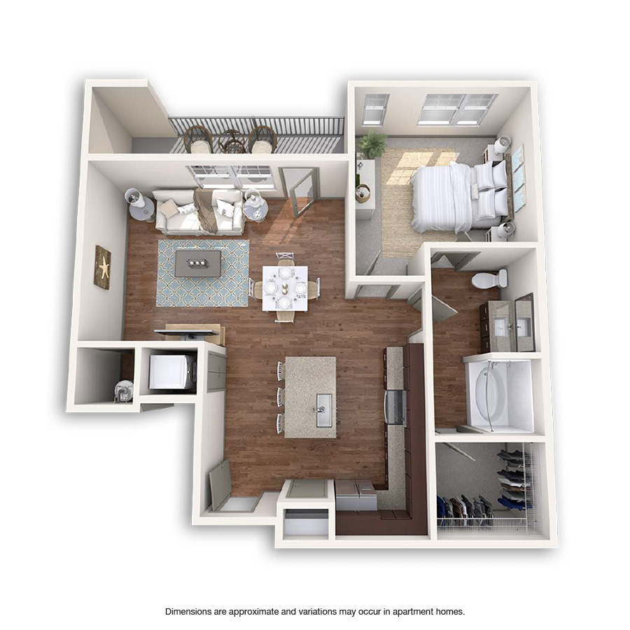 Rendering of the Marquis floor plan with 1 bedroom[s] and 1 bathroom[s] at Griffis at Fiddler's Green