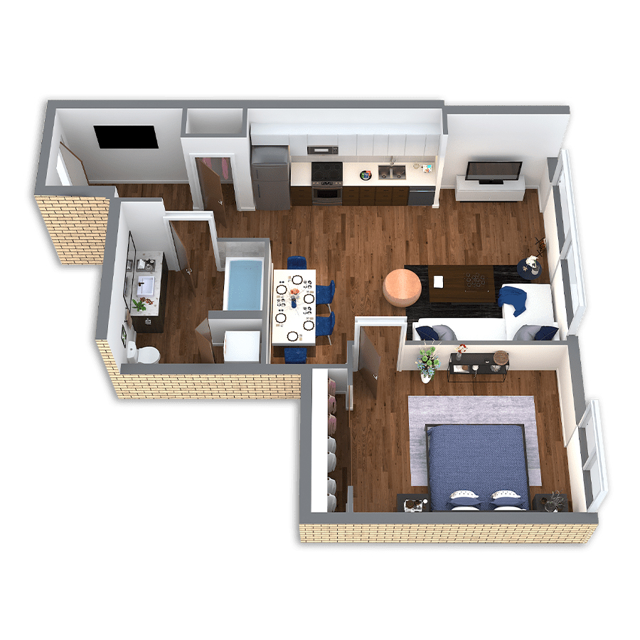 Rendering of the Gilbert Platinum floor plan with 1 bedroom[s] and 1 bathroom[s] at Griffis South Waterfront