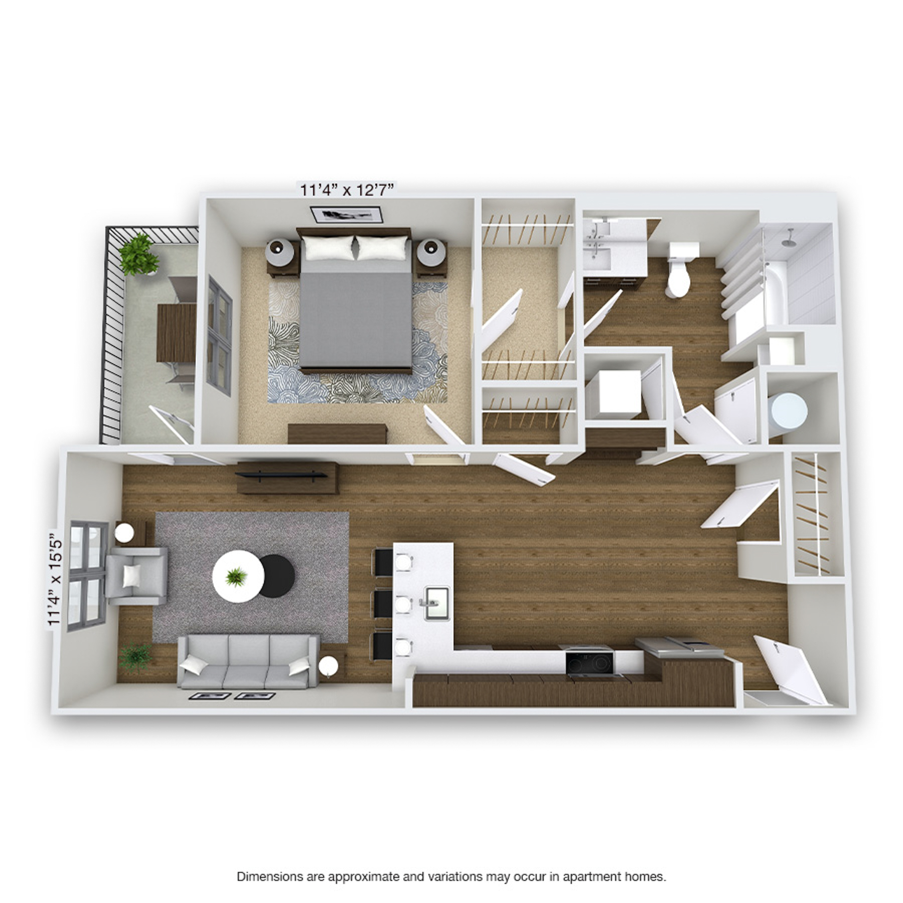 Rendering of the Ellsworth floor plan with 1 bedroom[s] and 1 bathroom[s] at Griffis Cherry Creek North
