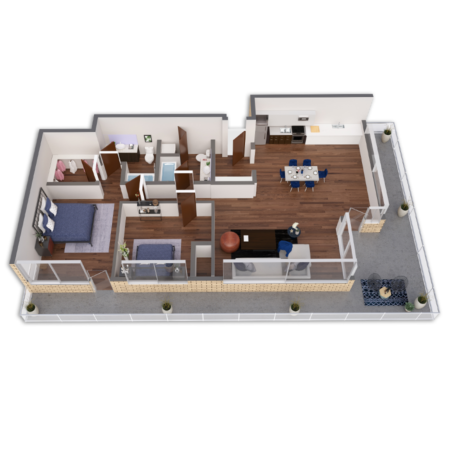 Rendering of the Illinois Platinum Penthouse floor plan with 2 bedroom[s] and 2 bathroom[s] at Griffis South Waterfront